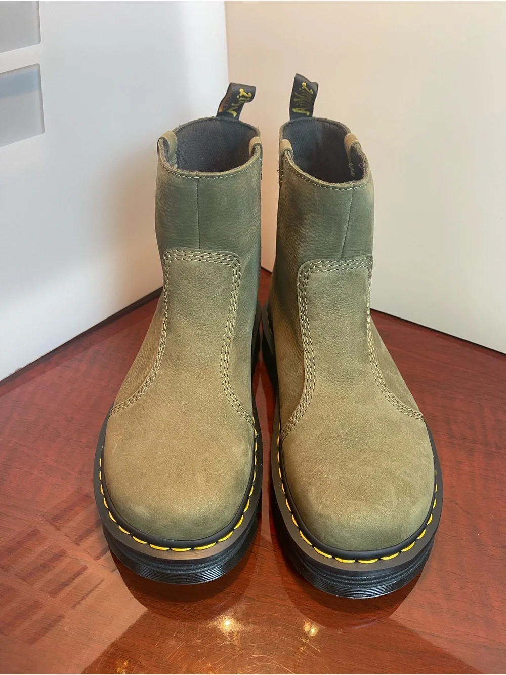 Dr. Martens Zebzag Rigger Slip-On Nubuck Platform Boots in DMS Olive US 9/ EU 41